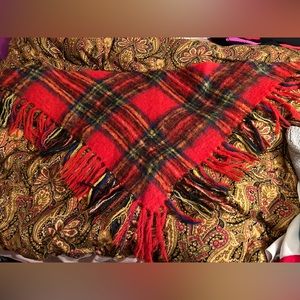 VTG Imp Wool shawl ,wrap pashmina, red plaid ,fringed , Mohair & Wool, Scotland